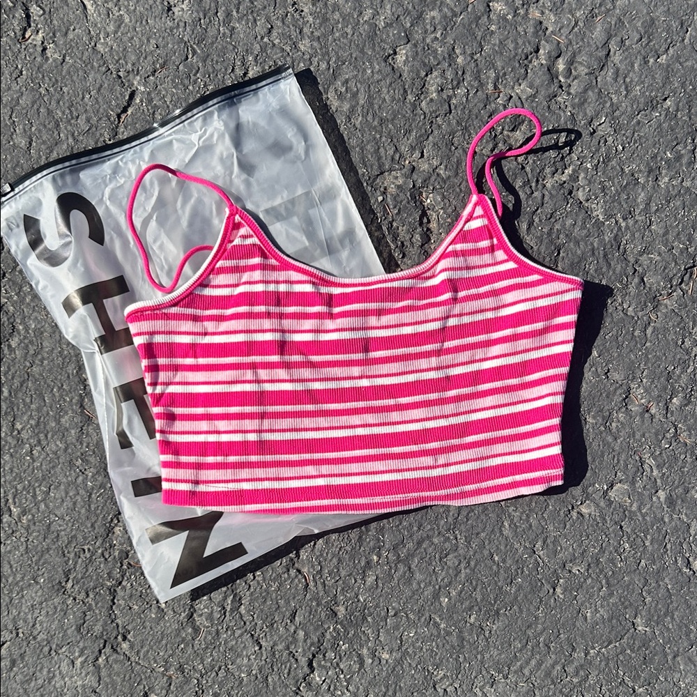 SHEIN Pink and White Striped Cropped Camisole